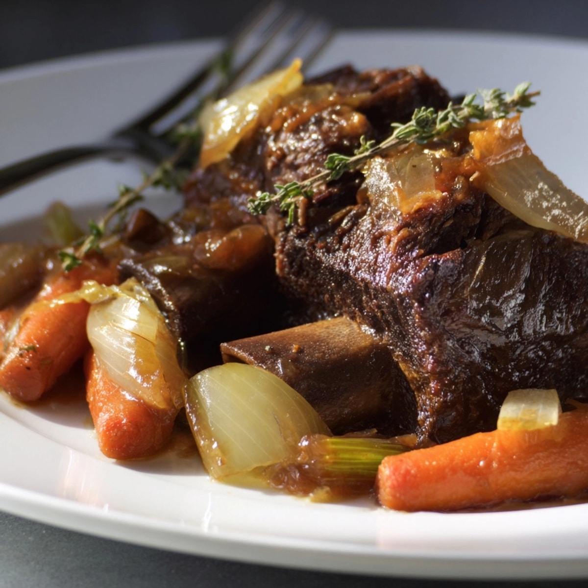 Fall-off-the-bone Apple Cider Braised Short Ribs simmered in a Dutch oven with aromatic vegetables.