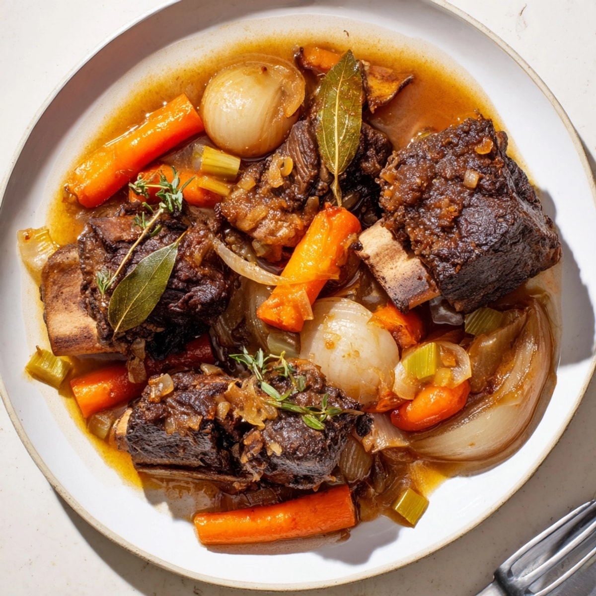 Savory Apple Cider Braised Short Ribs: tender beef, rich cider sauce, thyme sprigs.