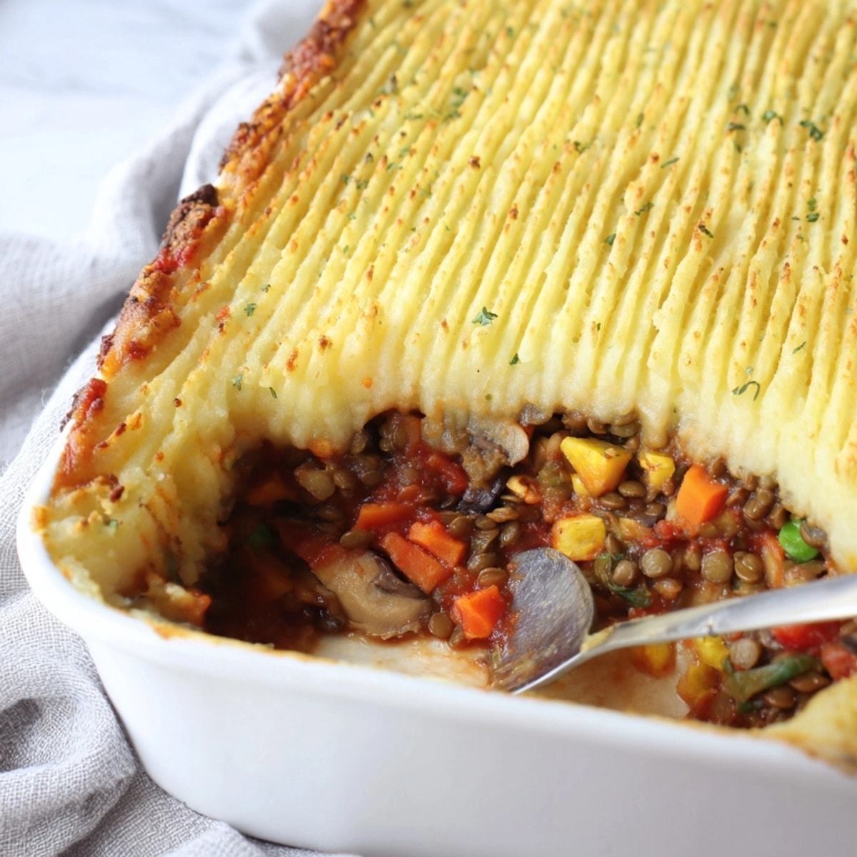 Close-up of savory Lentil & Veggie Shepherds Pie, topped with golden-brown mashed potatoes.