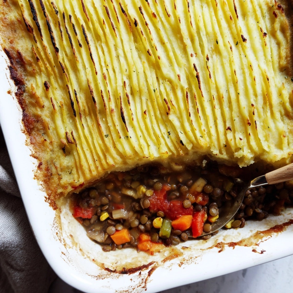 Warm, bubbling Lentil & Veggie Shepherds Pie: hearty vegetable filling under creamy potato topping.