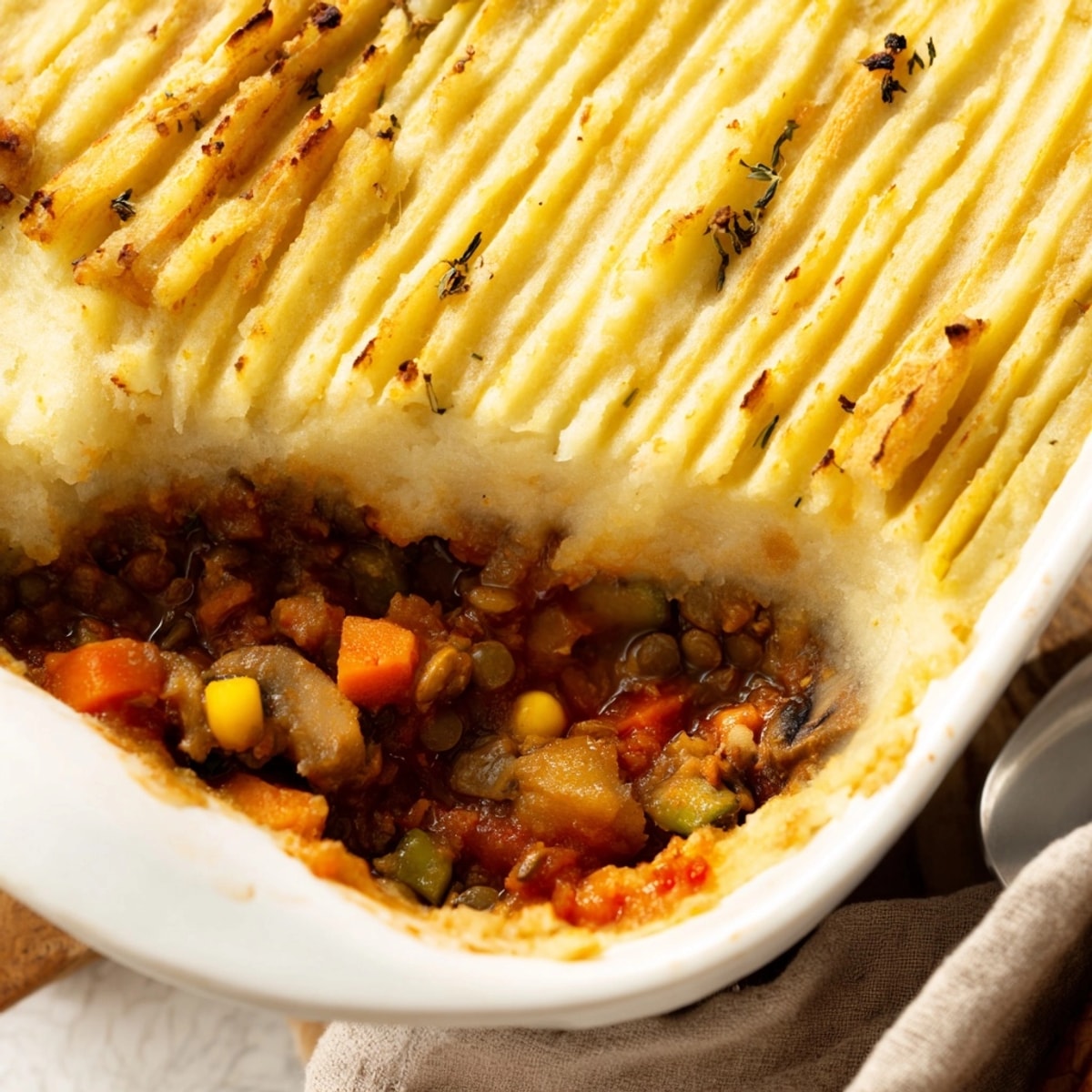 Homemade Lentil & Veggie Shepherds Pie ready to serve, perfect family comfort food.