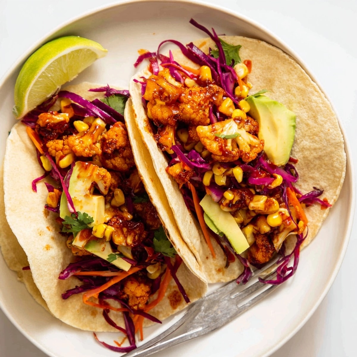 Close-up shows vibrant BBQ Cauliflower & Sweet Corn Tacos, topped with fresh cilantro.