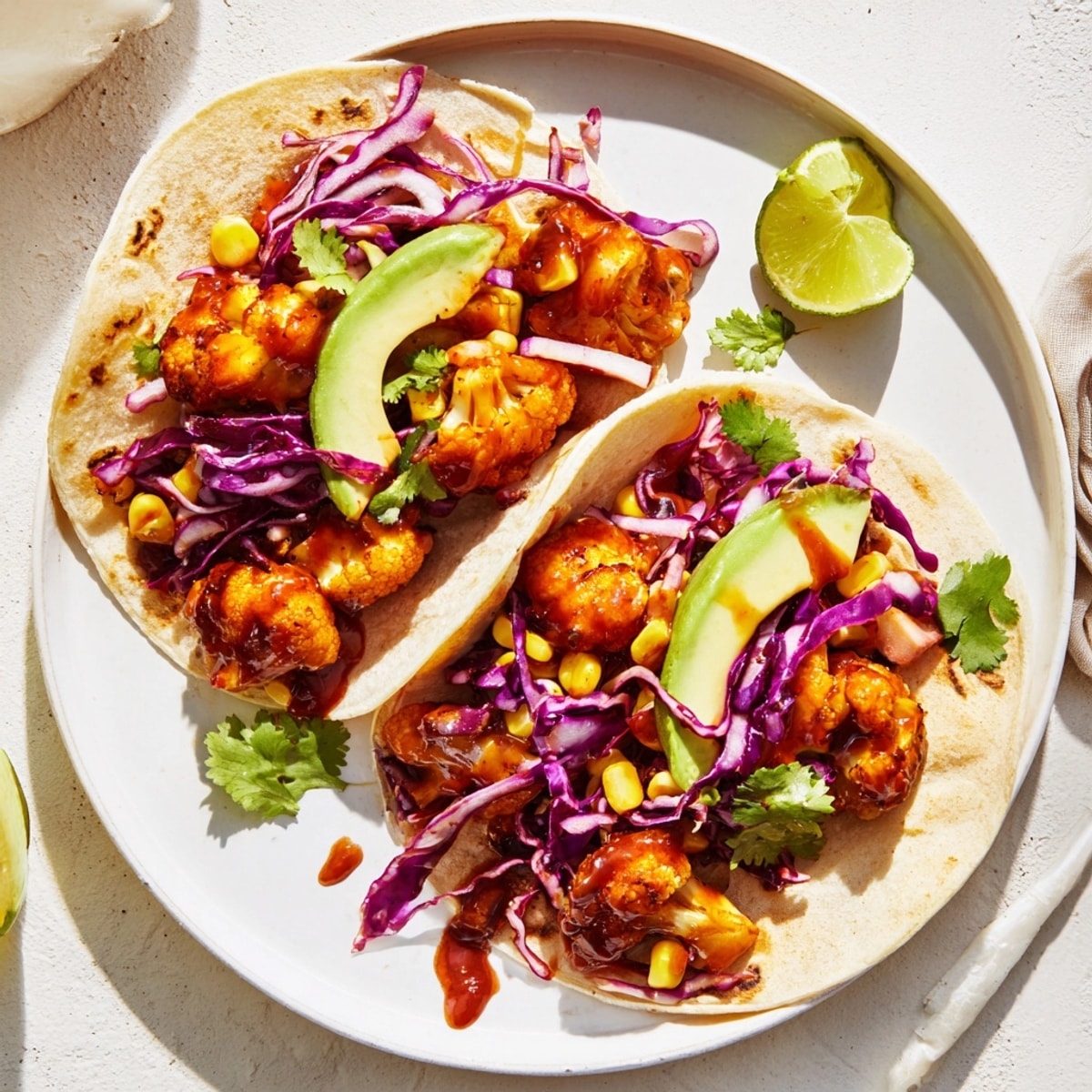 Golden brown BBQ Cauliflower & Sweet Corn Tacos with a creamy avocado and crunchy slaw.