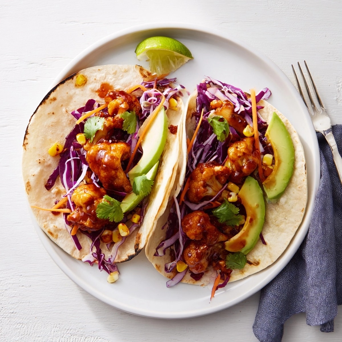 Stacked BBQ Cauliflower & Sweet Corn Tacos invite you to a colorful, flavorful vegan meal.