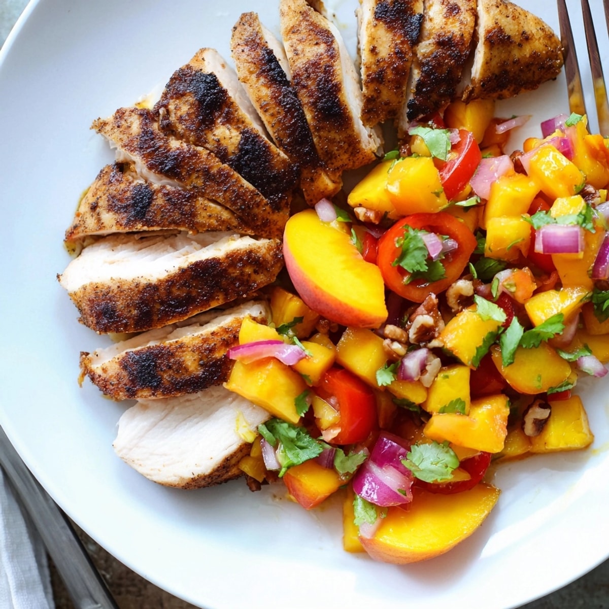 Golden baked chicken topped with vibrant Spicy Peach & Pecan Salsa, glistening with lime juice.