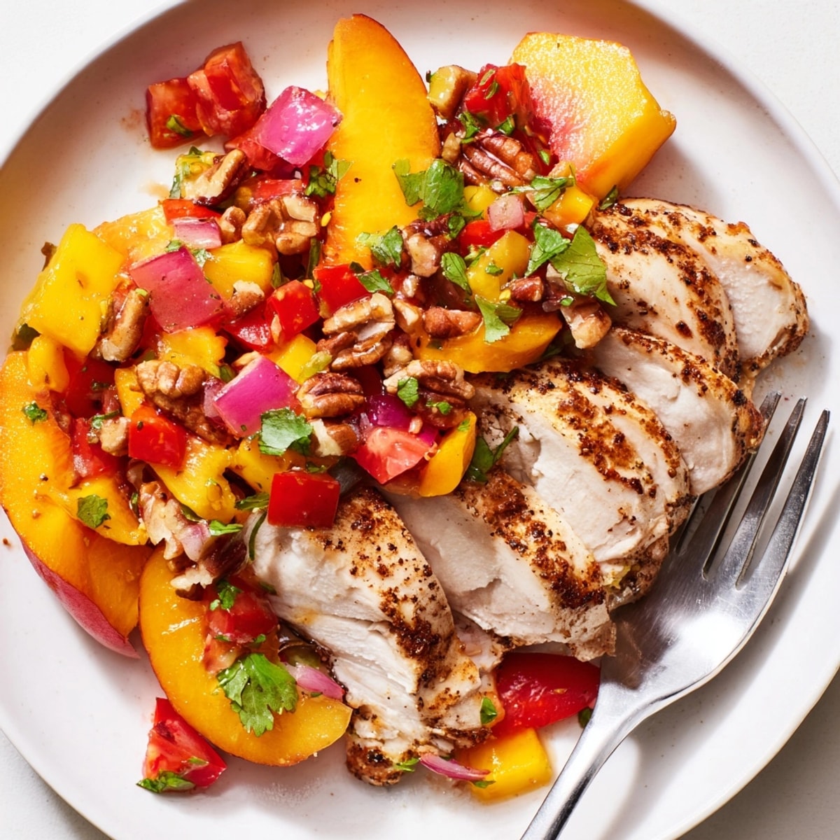 Overhead shot of juicy Spicy Peach &amp; Pecan Salsa Chicken; a simple, flavorful summer dinner.