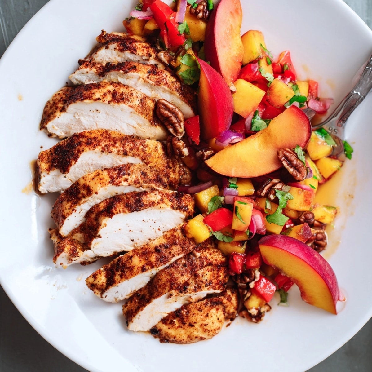 Close-up of tender chicken and fresh Spicy Peach &amp; Pecan Salsa, ready to serve.