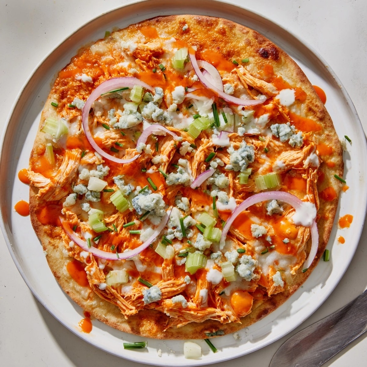 Tangy Buffalo Chicken &amp; Blue Cheese Flatbread with melted cheese and fresh toppings, sliced and ready.
