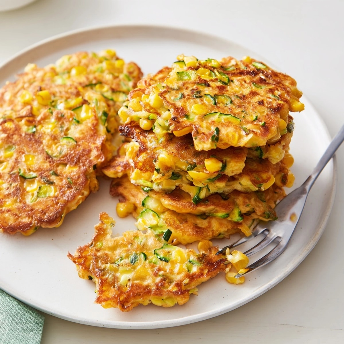 Golden Sweet Corn & Zucchini Fritters, a vibrant summer side freshly fried and ready to serve.