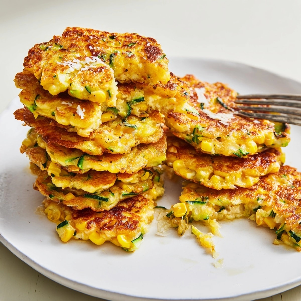 Close-up of light and crispy Sweet Corn &amp; Zucchini Fritters, flecked with green herbs.