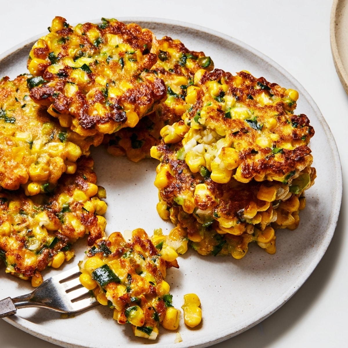 Savory Sweet Corn &amp; Zucchini Fritters sizzling in a pan, the perfect colorful vegetarian dish.