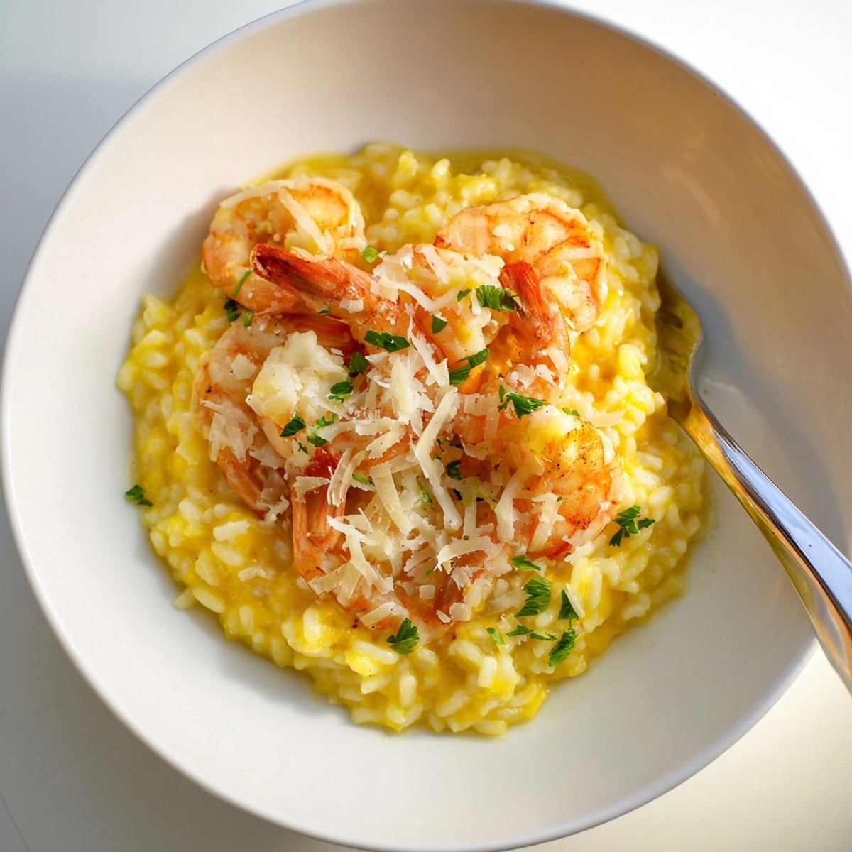Close-up of Saffron &amp; Lemon Risotto boasting plump shrimp, creamy texture, and zesty aroma.
