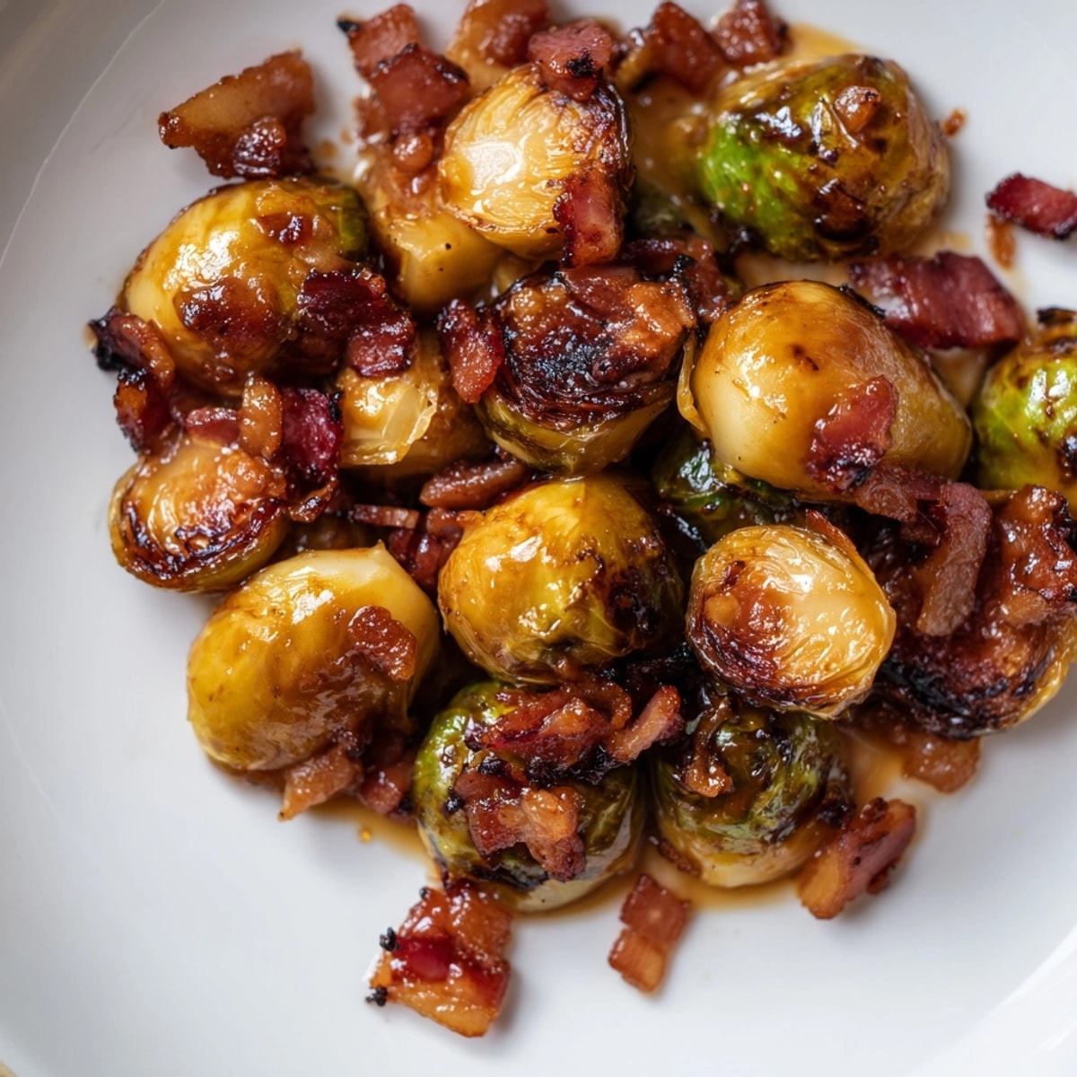 Golden Maple Bacon Brussels Sprouts, caramelized and crispy, fresh from the oven.