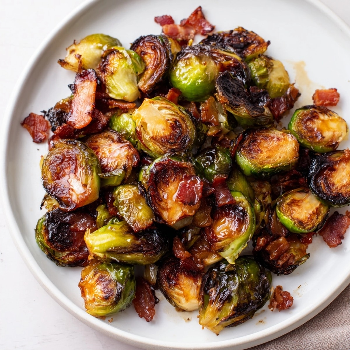 Sweet and smoky Maple Bacon Brussels Sprouts recipe, plated for a delicious holiday side.