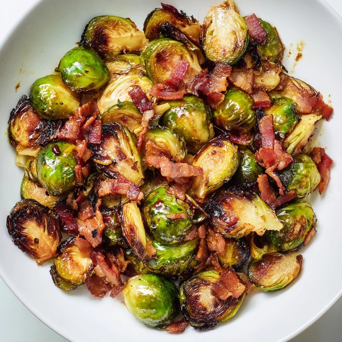 Savory roasted Maple Bacon Brussels Sprouts: a crispy, colorful dish ready to serve.