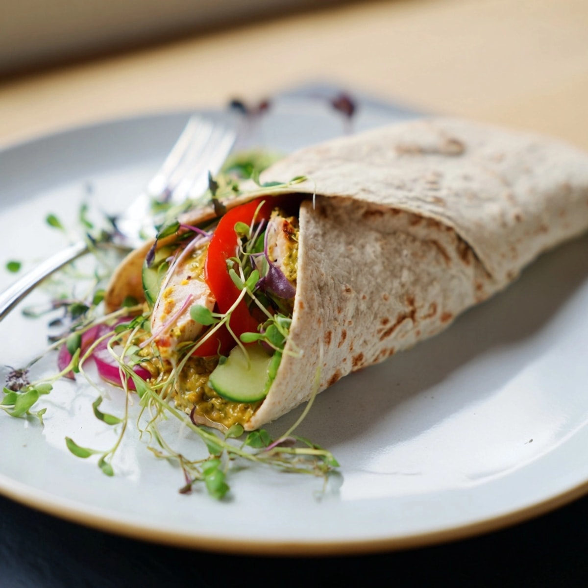Golden Microgreen & Honey Mustard Chicken Wraps glistening; quick and healthy lunch ready in minutes.
