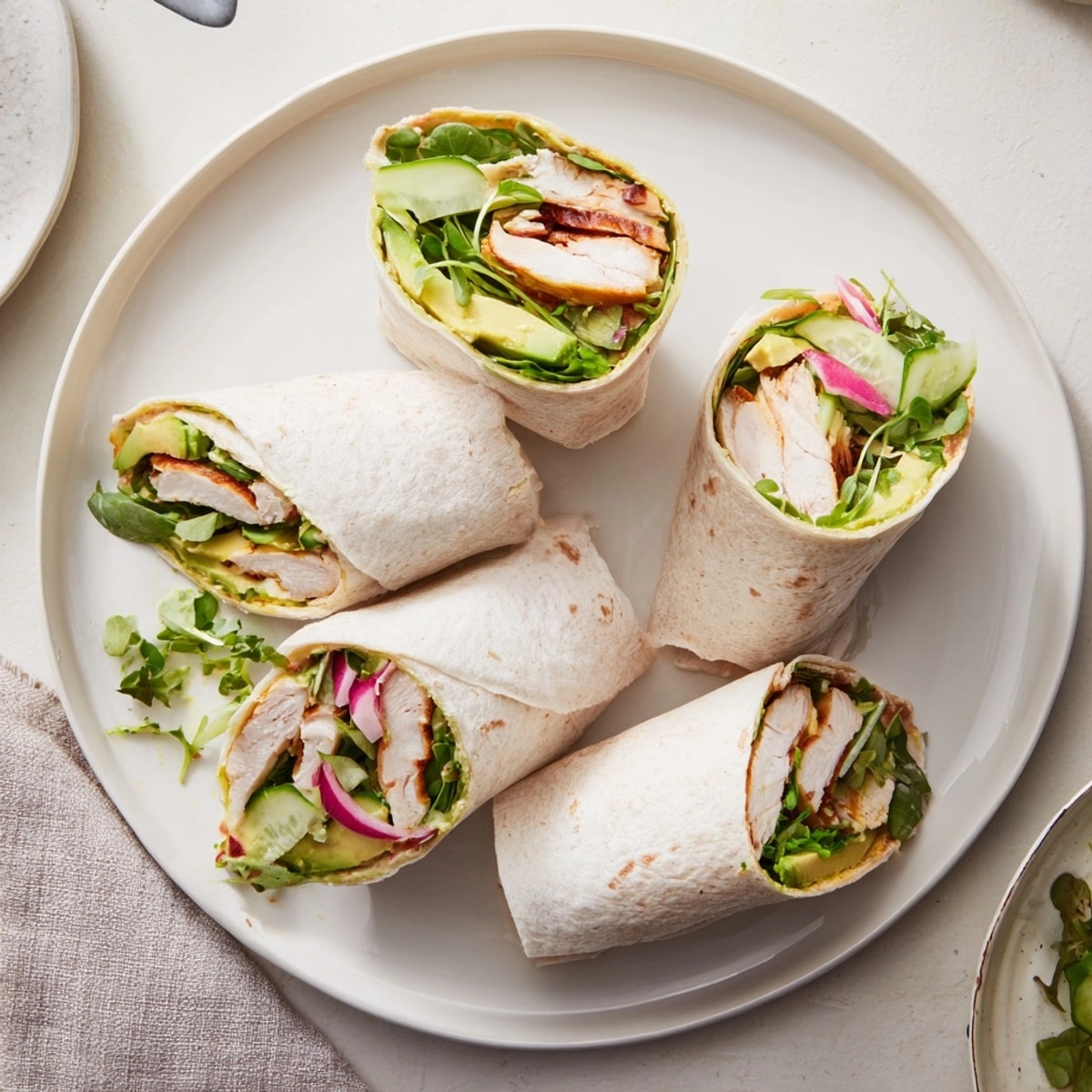 Stacked Microgreen & Honey Mustard Chicken Wraps, showing layers of fresh ingredients and textures.