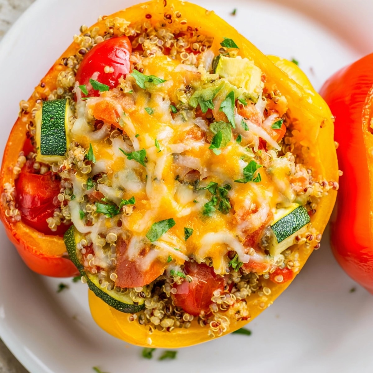 Savory Quinoa Stuffed Peppers: Baked bell peppers filled high, a hearty and colorful vegetarian delight.