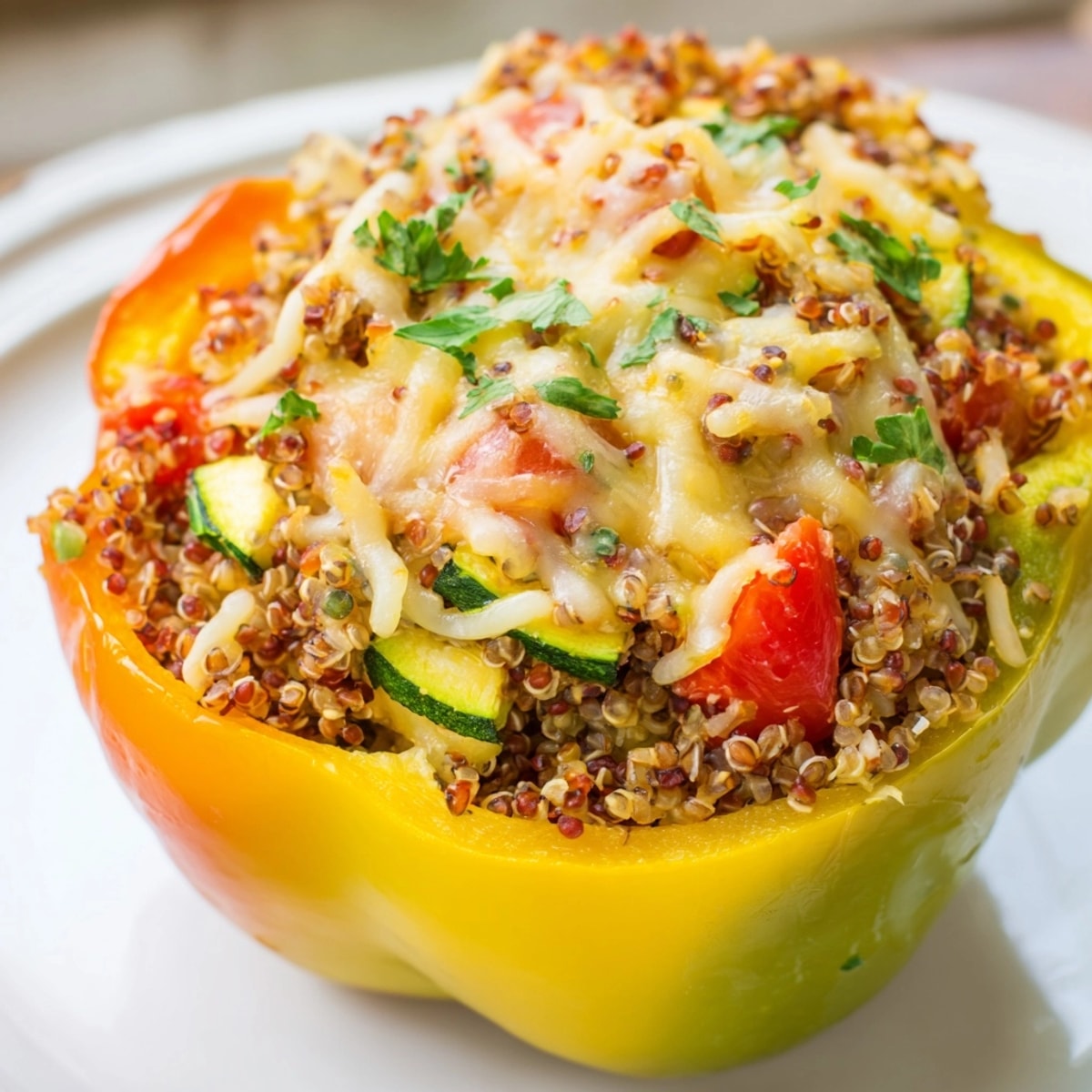 Golden cheesy Quinoa Stuffed Peppers, fresh herbs sprinkled on top, ready to savor.
