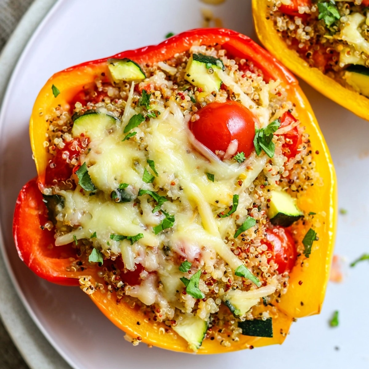 Easy Quinoa Stuffed Pepper recipe: Vibrant vegetables melding with fluffy quinoa, baking in the oven.