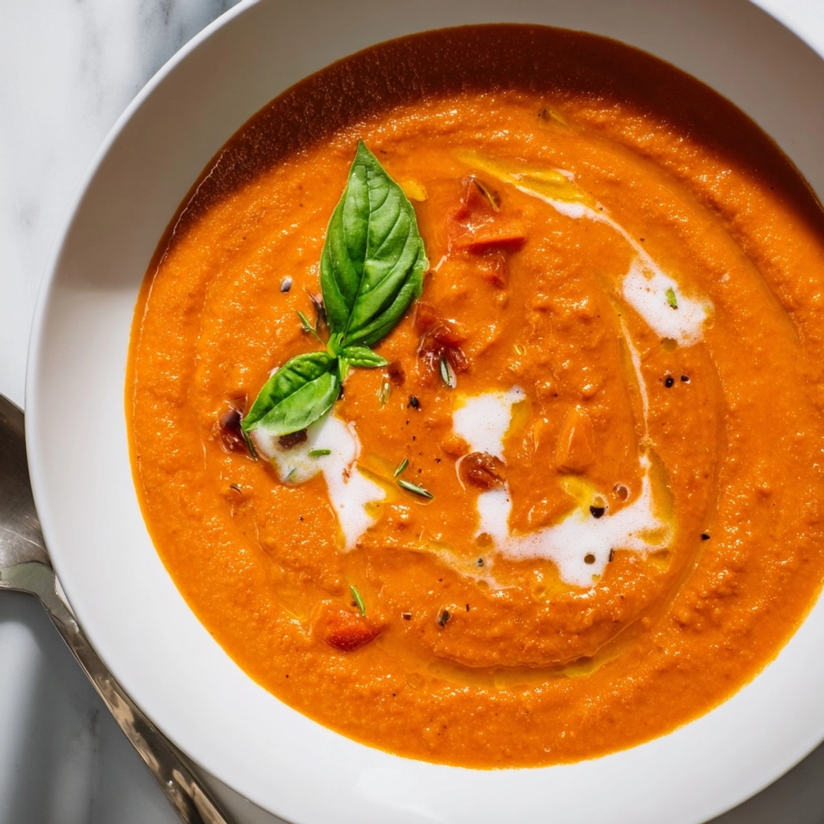 Close-up of vibrant Roasted Tomato Basil Soup, topped with swirling cream and fresh basil.