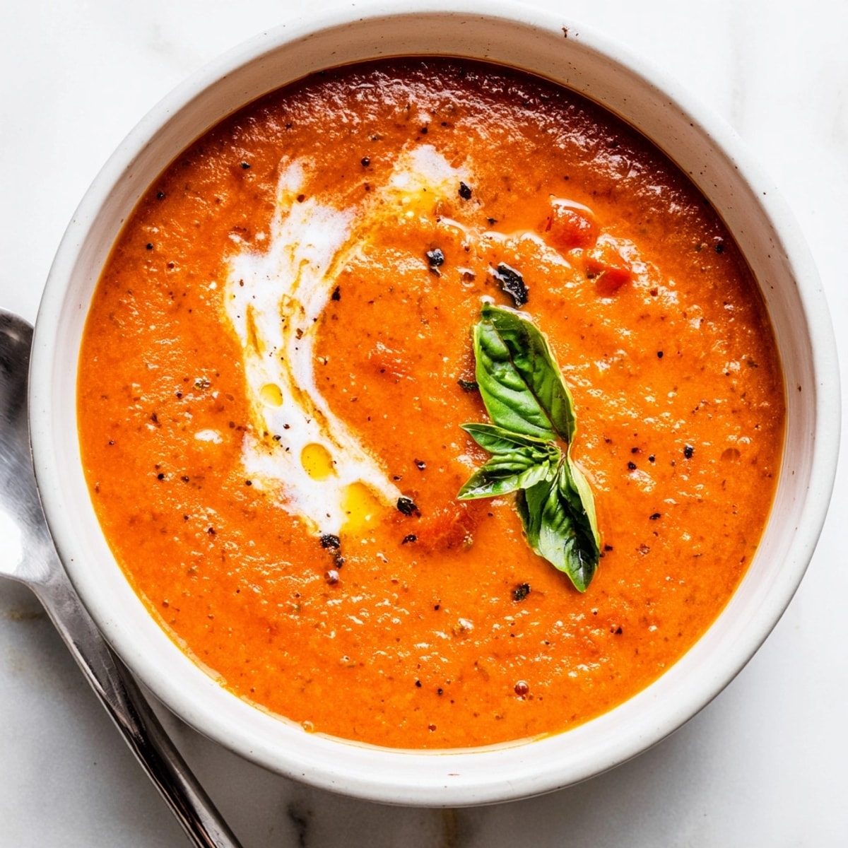A steaming bowl of homemade Roasted Tomato Basil Soup, ready to be enjoyed.