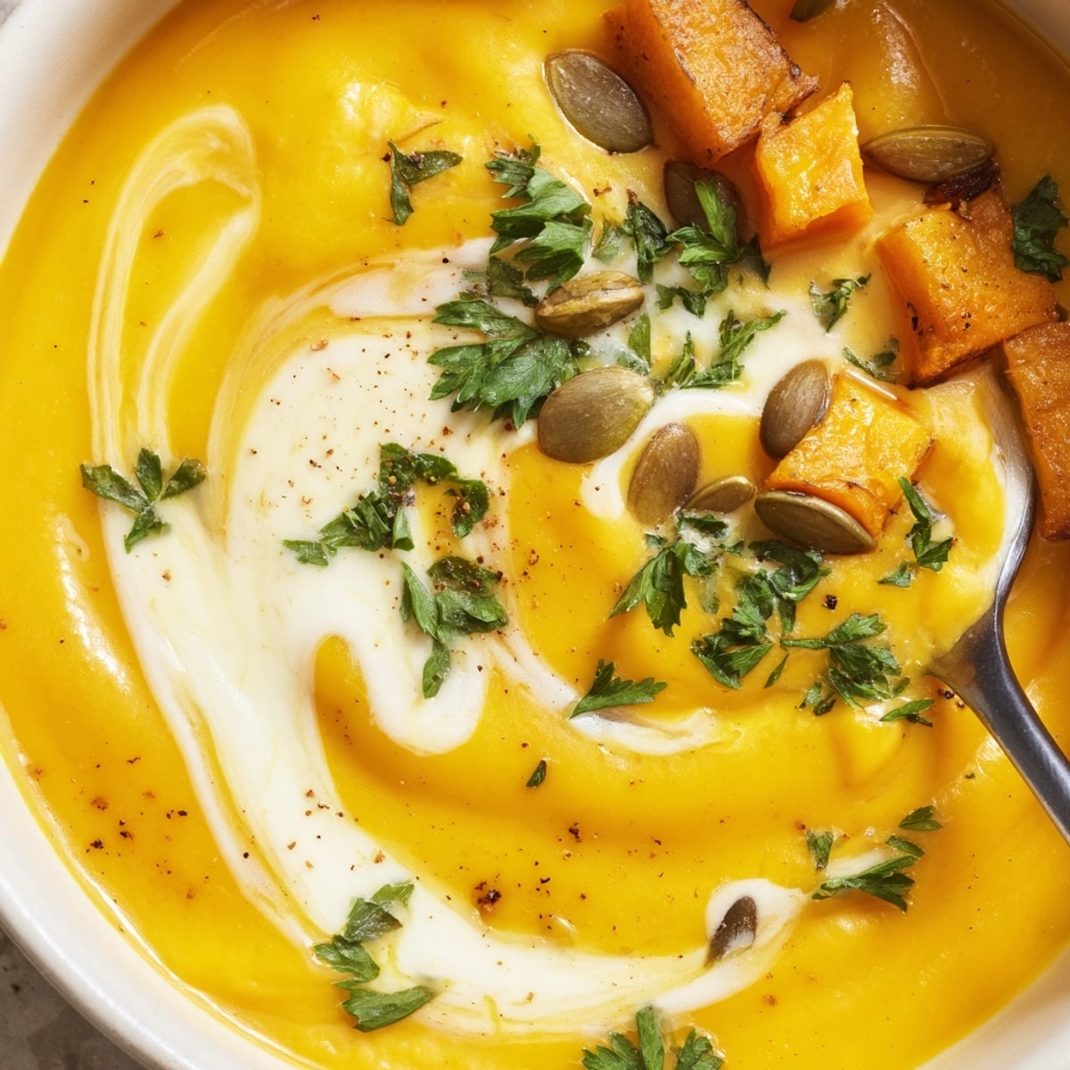 Close-up of smooth Butternut Squash Soup, swirled with cream and garnished with fresh parsley.
