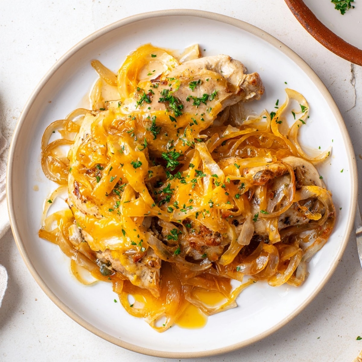 Golden French Onion Chicken Skillet: Chicken breasts simmered in sweet caramelized onions with melty Gruyère.