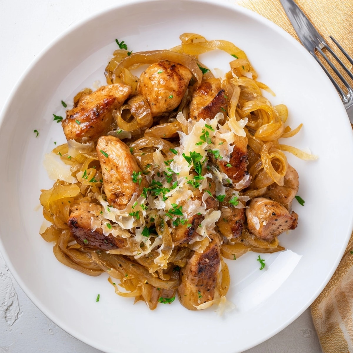 One-pan French Onion Chicken Skillet, bubbling and cheesy, ready for a comforting weeknight dinner.