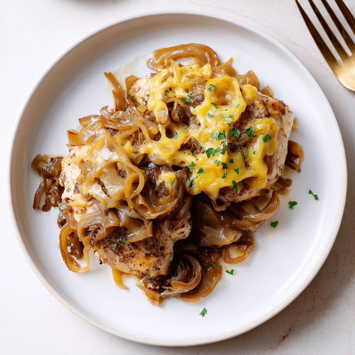 Close-up of French Onion Chicken Skillet, with savory aroma of bubbling broth, perfect over mashed potatoes.