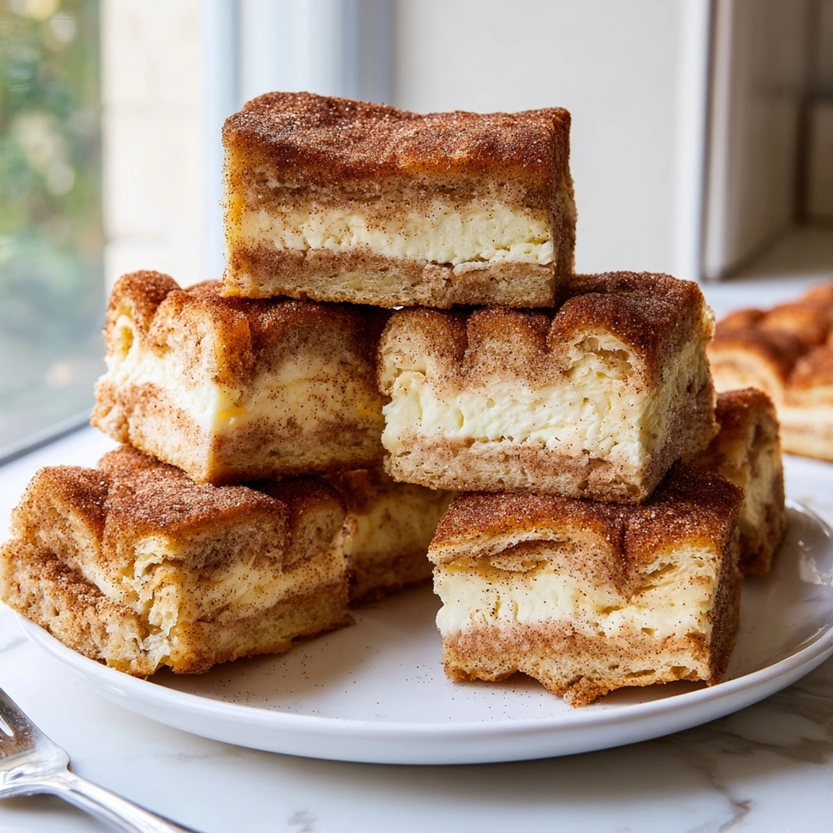 Golden-brown Churro Cheesecake Bars, warm from the oven, dusted with sweet cinnamon spice.