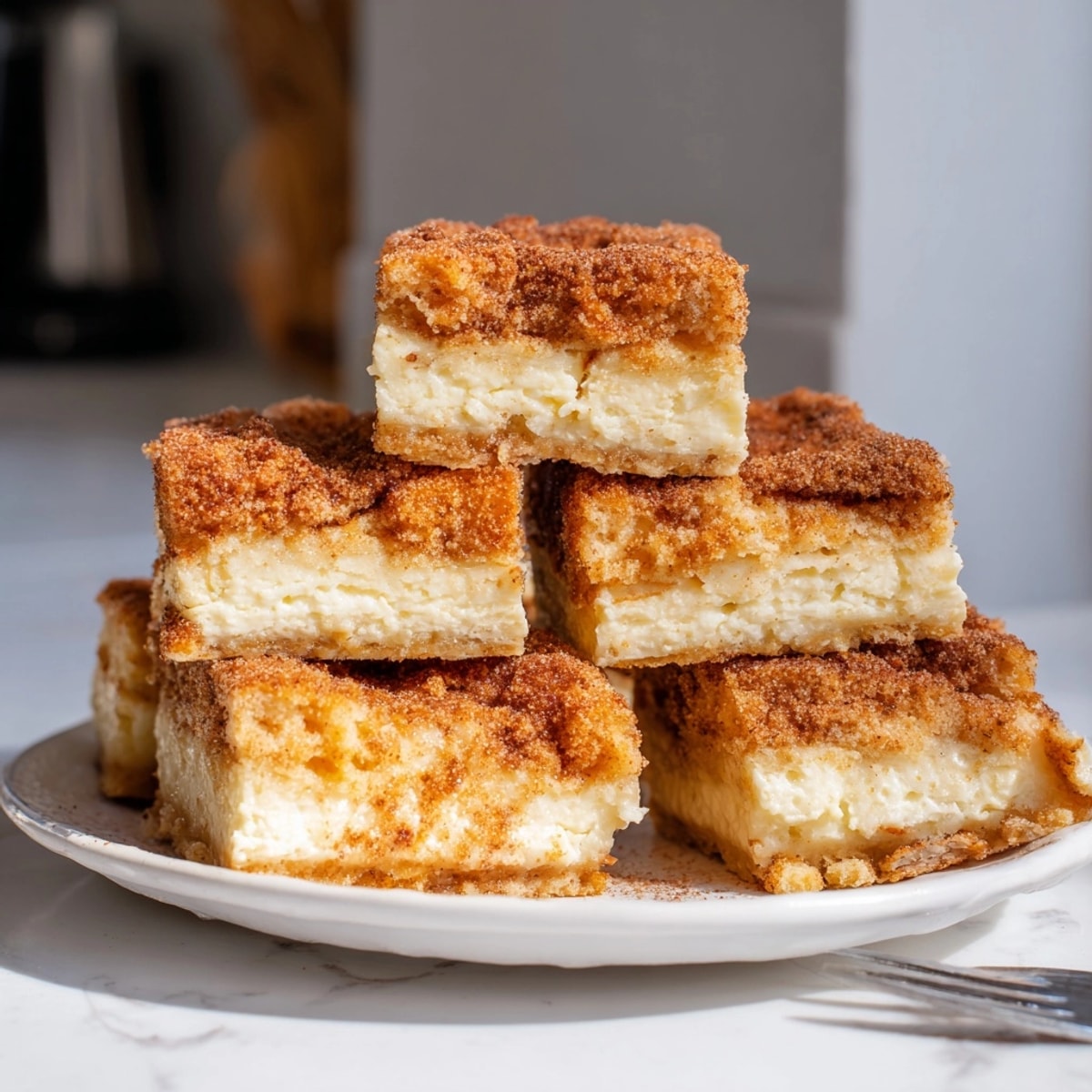 Creamy Churro Cheesecake Bars, chilled and sliced, ready for a delightful dessert pairing.