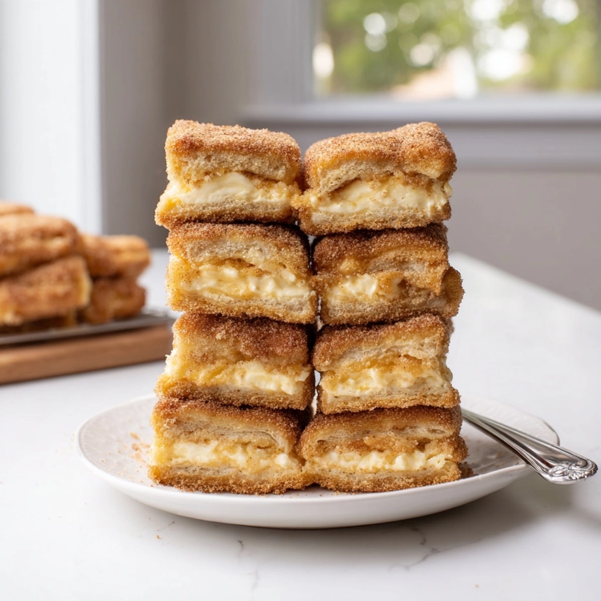 Close-up of a baked Churro Cheesecake Bar, showing layers of dough, filling, and sugary topping.