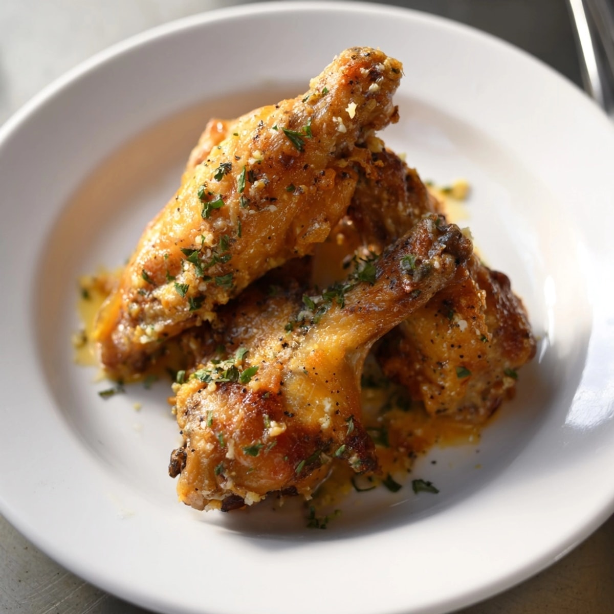 Close-up of crispy Garlic Parmesan Wings coated in fragrant, melted butter and herbs.