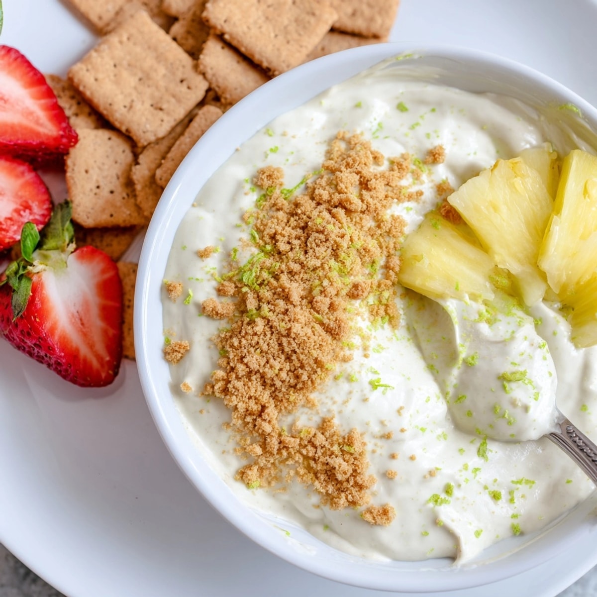 Creamy Key Lime Pie Dip, swirls of zest, served with graham crackers.