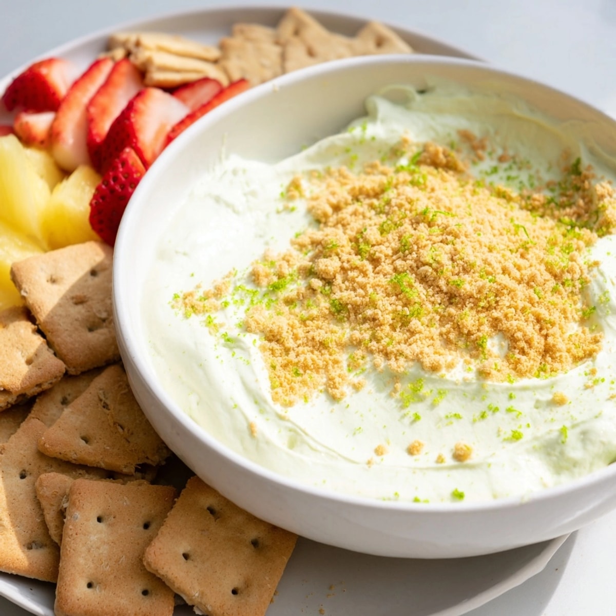 Tangy Key Lime Pie Dip in glass bowl, ready for dippers and chilling.