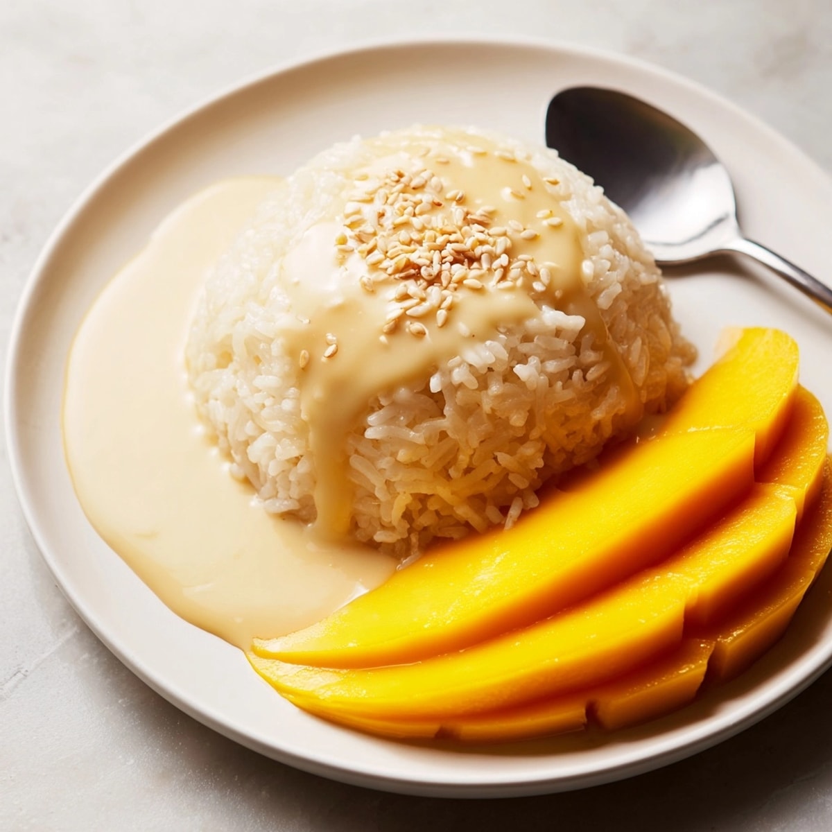 Creamy Mango Sticky Rice: Sweet glutinous rice with juicy mangoes and coconut sauce.