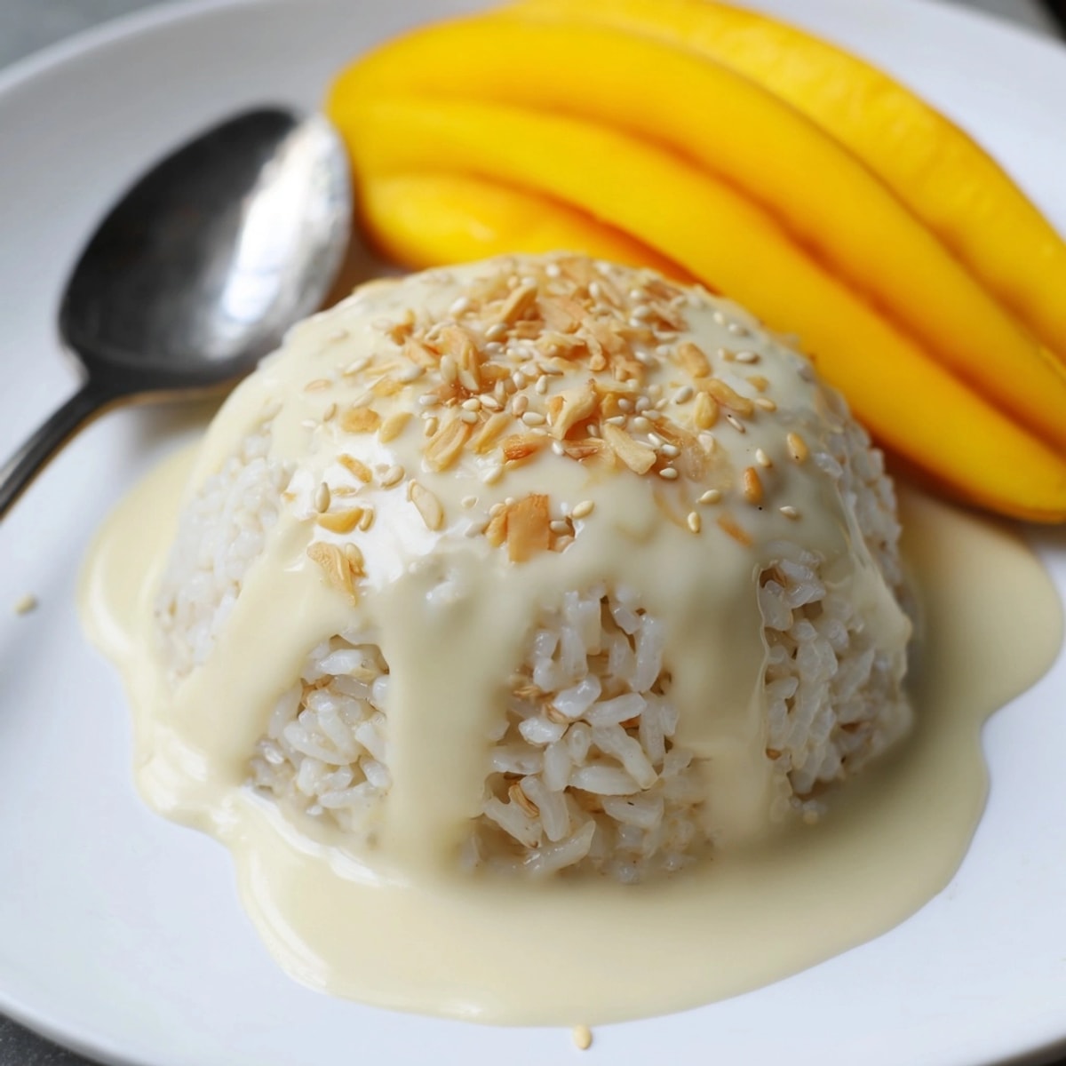 Delicious Mango Sticky Rice dessert featuring tender rice, sliced mango, and rich coconut cream.