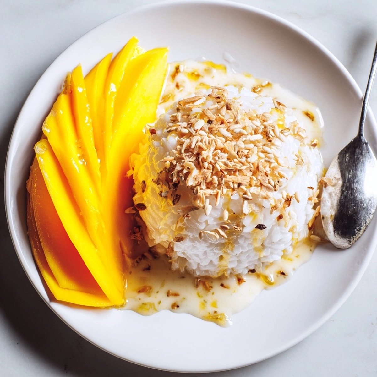 Close-up of Mango Sticky Rice: fragrant coconut milk-infused rice paired with fresh, sweet mangoes.