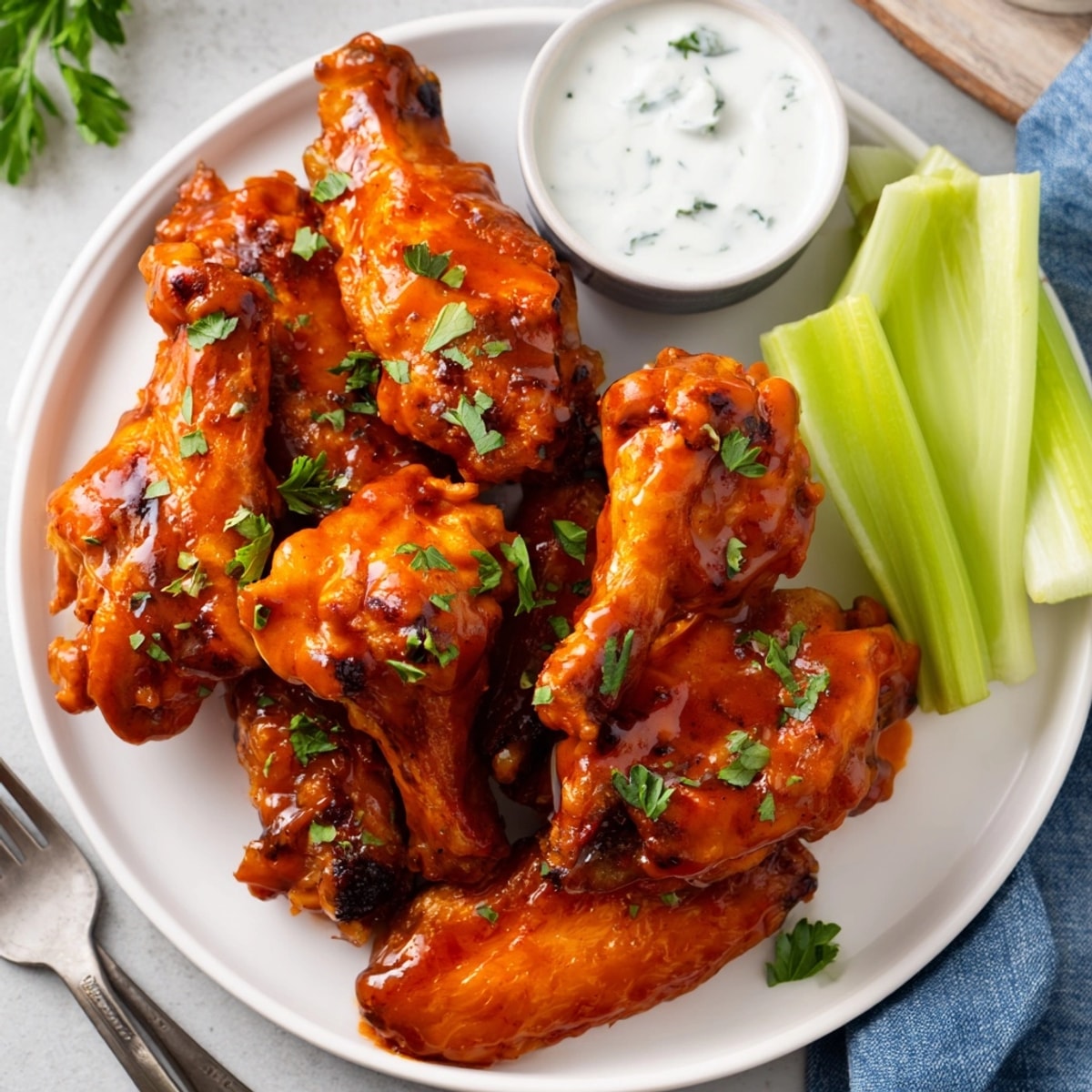 Golden sticky honey buffalo wings glistening; baked then broiled for caramelized flavor.