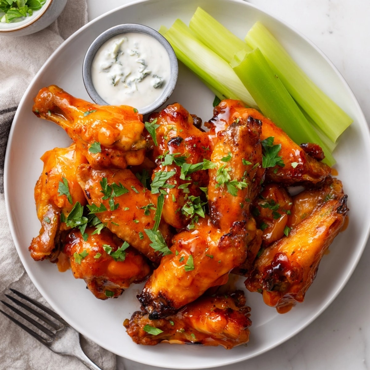 Homemade sticky honey buffalo wings piled high, ready for dipping and game-day snacking.