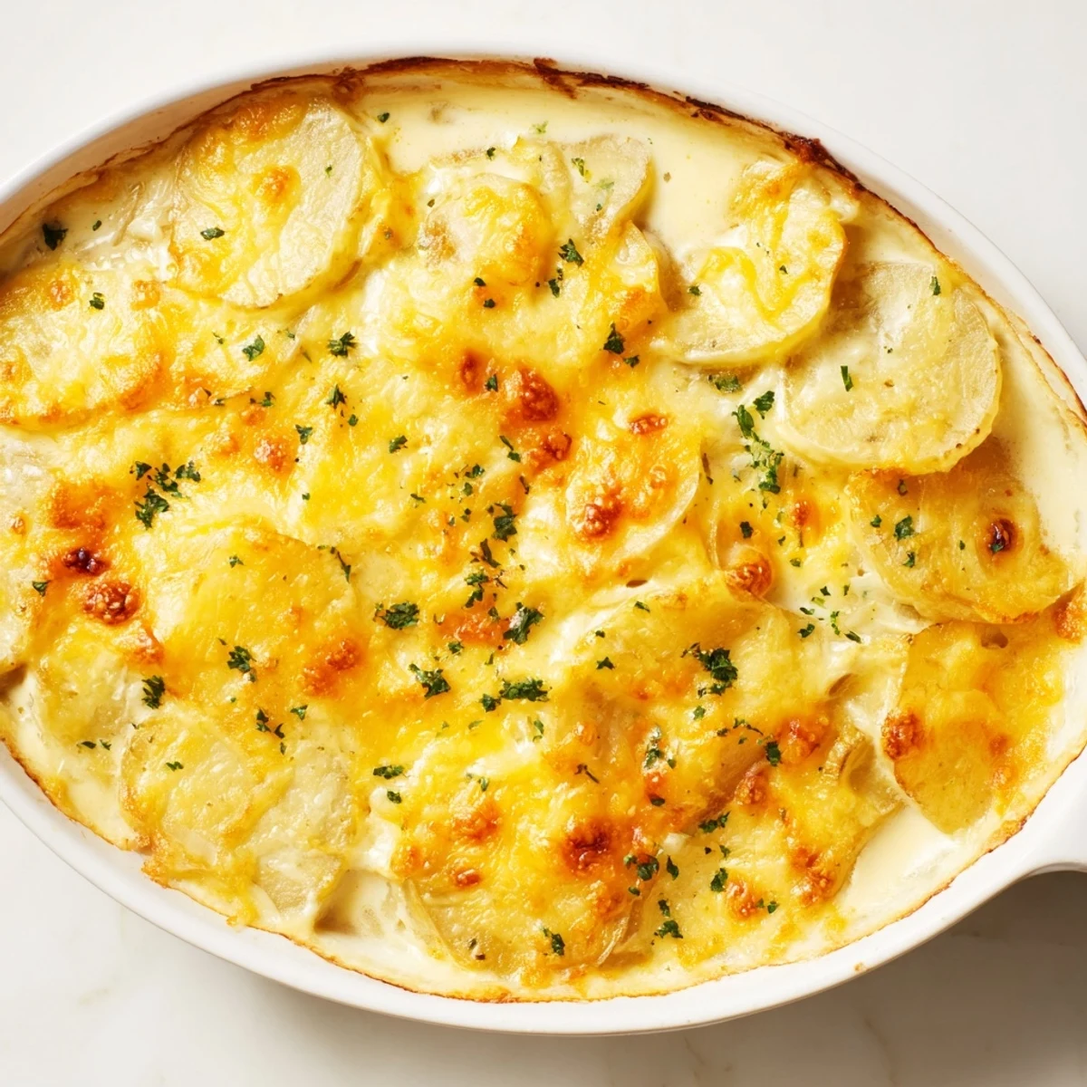 Golden, bubbly Cheesy Scalloped Potatoes with melted cheese, a classic comfort food side.