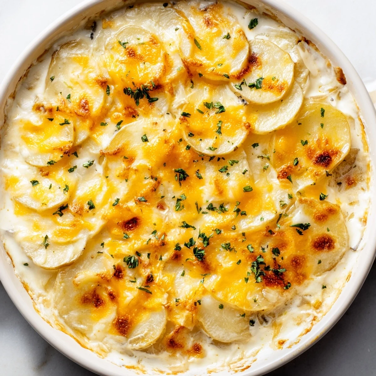 Creamy, layered Cheesy Scalloped Potatoes: tender potatoes baked with a rich, cheesy sauce.