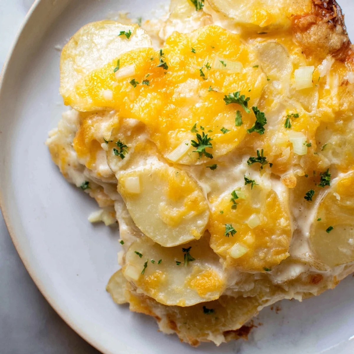 A close-up of steaming, browned Cheesy Scalloped Potatoes, perfect for serving at dinner.