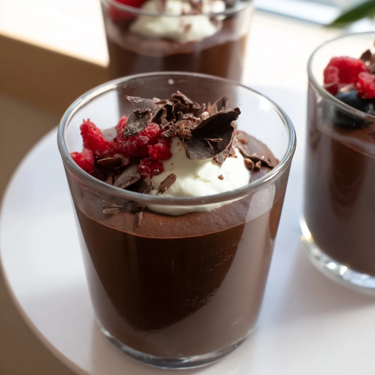 A decadent chocolate mousse cup, a French dessert with rich dark chocolate and cream.