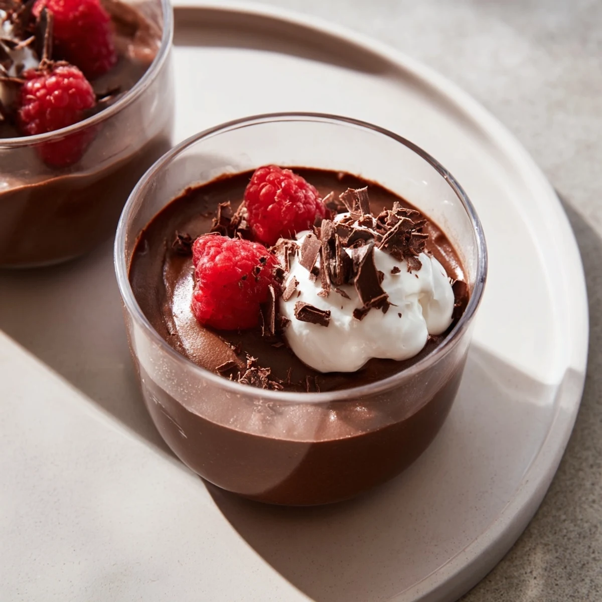 Indulge in a homemade chocolate mousse cup, smooth and creamy, chilled to perfection.