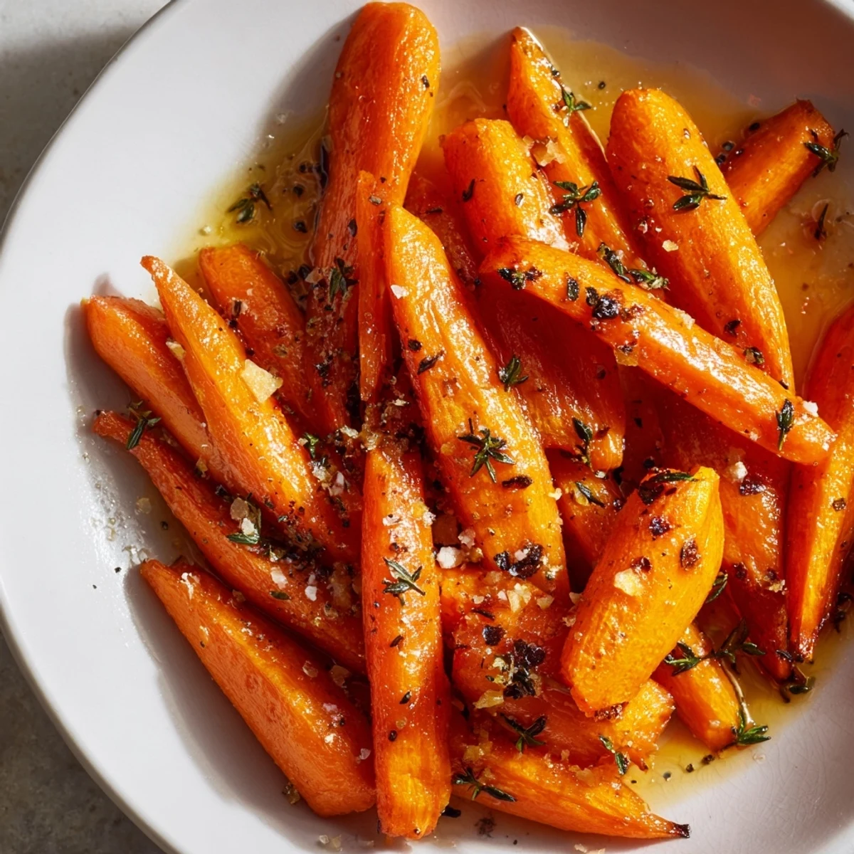 Golden-brown roasted carrots with honey and thyme, glistening after baking to perfection.