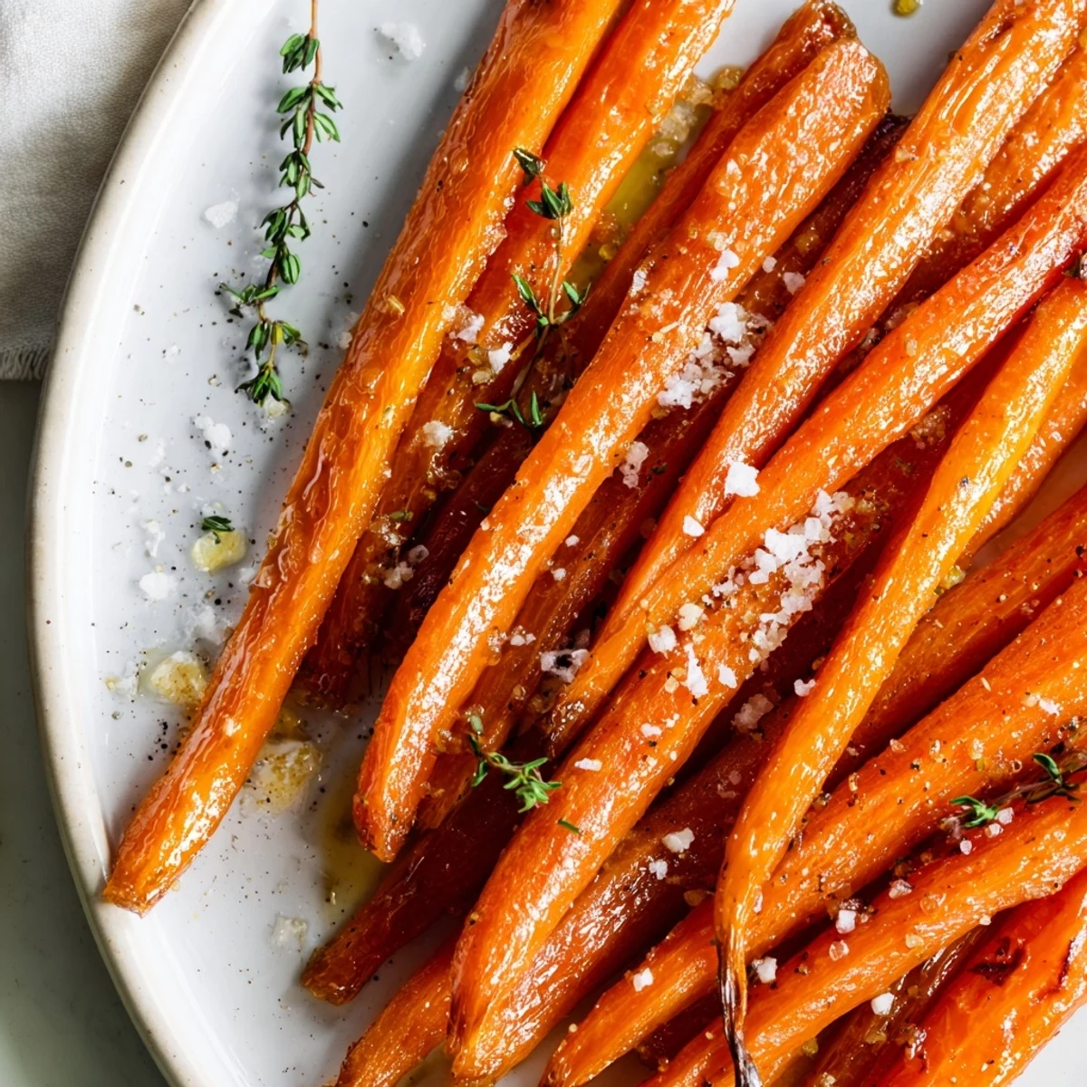 Savory roasted carrots featuring honey and thyme, creating a delicious and simple side dish.