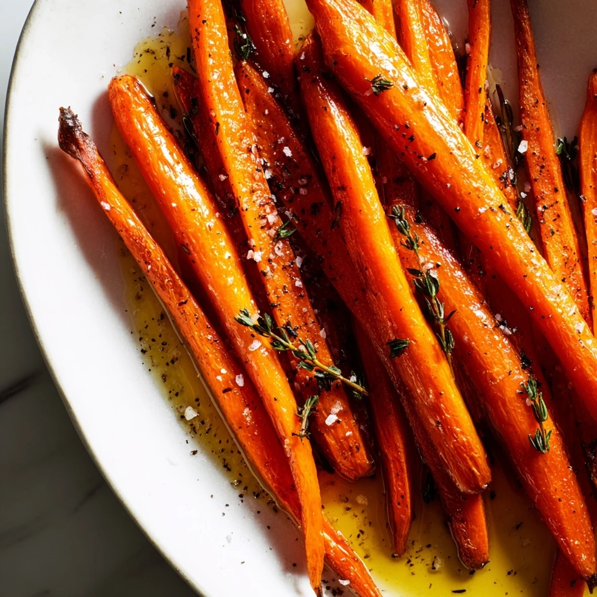 Close-up of tender roasted carrots, drizzled with honey, alongside fresh thyme sprigs.