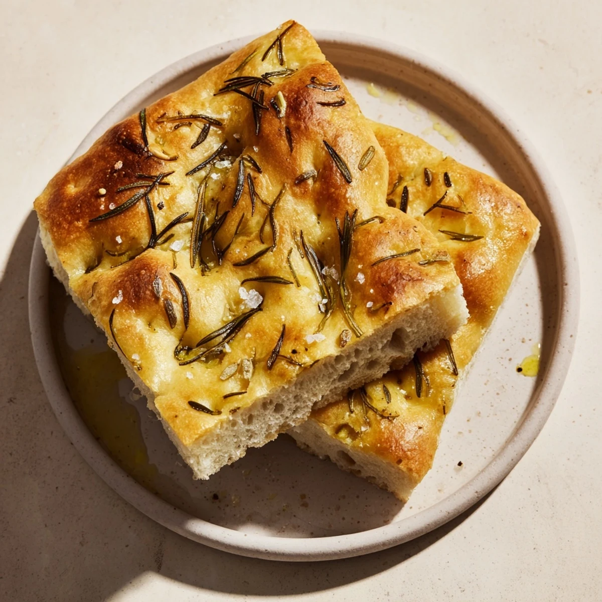 Fluffy golden Garlic Herb Focaccia Bread, bubbly with olive oil and fragrant herbs before baking.